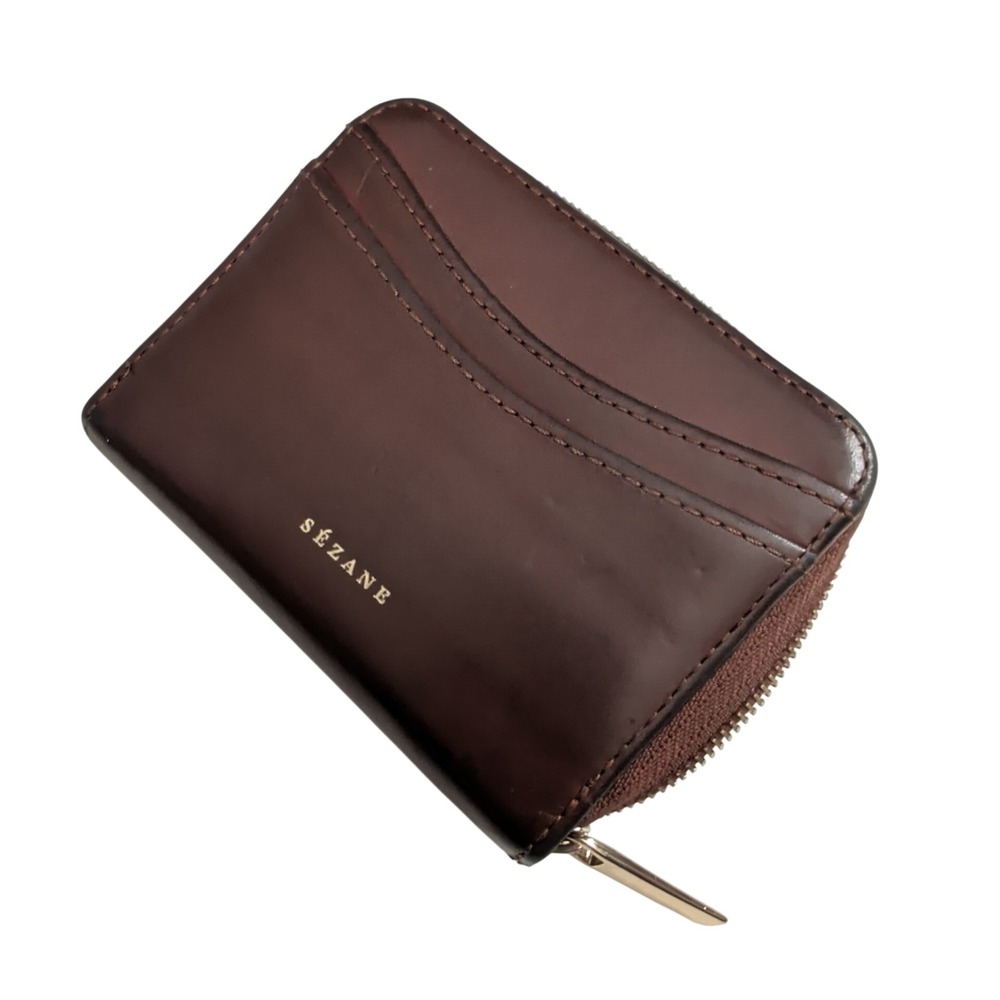 Sezane Chocolate Brown Smooth Leather Zip Around Compact Card Holder Wallet